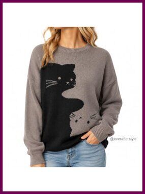 Women's Cute Cat Knit Sweater Oversized Pullover Crewneck Long Sleeve